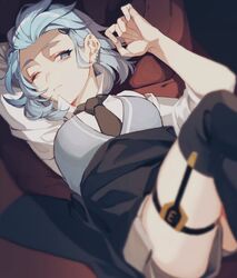  androgynous blue_eyes blue_hair blush collared_shirt ear_piercing female garter_straps hair_ornament hairclip honkai_(series) honkai_impact_3rd lieserl_albert_einstein looking_at_viewer lying on_back one_eye_closed oniku_(hijiki_002) piercing shirt short_hair skirt solo sweater_vest thighhighs white_shirt 