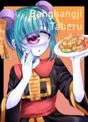  :o azen_(mntimcczgrtn) blue_eyes blush bun_cover chicken_(food) chinese_clothes chinese_food colored_skin cyclops double_bun eyeshadow female food hair_bun hand_on_own_cheek hand_on_own_face highres holding holding_food looking_at_viewer makeup monster_girl multicolored_hair nail_polish ofuda one-eyed original pink_eyes purple_skin sauce solo streaked_hair wide_sleeves 