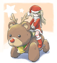  bell boots christmas commentary dress female full_body girls_und_panzer hair_ribbon hat kiddie_ride long_hair long_sleeves looking_at_viewer red_dress red_footwear red_hat red_legwear reindeer ribbon santa_costume santa_hat scarf shimada_arisu sitting solo star_(symbol) striped_clothes striped_thighhighs tewarusa thighhighs white_scarf 