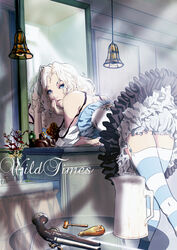  bloomers blue_eyes commentary_request dress female garter_belt gun head_rest leaning looking_back mirror okazuwa_shake original photoshop_(medium) solo striped_clothes striped_thighhighs thighhighs underwear weapon white_hair 