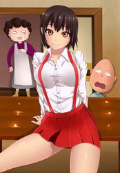  1boy 2girls age_difference bald blush breasts brown_eyes brown_hair brown_hair chibi_maruko-chan daughter family highres indoors large_breasts looking_at_viewer mother multiple_girls o_o older on_table open_mouth shiny shiny_skin short_hair smile surprised table teen teenage thigh thighs 