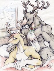  2000 5_fingers anthro anthro_on_anthro antlers arm_support athletic bed bed_sheet bedding bedroom bedroom_eyes better_version_at_source biceps biped black_nose blitzen brown_body brown_eyes brown_fur brown_horn chest_tuft christmas colored_pencil_(artwork) convenient_censorship countershade_face countershade_torso countershading deer detailed_background donner dudebulge duo ear_piercing eye_contact eyebrows facial_hair fingers fur fur_tuft furniture gloves_(marking) goatee gold_(metal) hair half-closed_eyes happy hatching_(art) head_tuft hi_res holidays horn humanoid_hands imminent_sex inside jewelry looking_at_another looking_at_partner looking_back looking_down lying male male/male mammal manly markings multicolored_body multicolored_fur muscular muscular_male narrowed_eyes naughty_face necklace new_world_deer no_pupils nude on_bed on_side orange_hair pecs pendant picture_frame piercing pillow raised_eyebrows reindeer romantic romantic_ambiance romantic_couple seductive shaded short_fur short_hair signature sitting slim smile smirk snout snow teasing teeth traditional_media_(artwork) triceps tuft two_tone_body two_tone_fur under_covers white_body white_countershading white_fur white_markings window wood yellow_body yellow_fur 