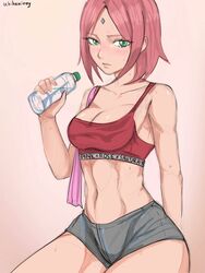  1girls abs bare_arms bare_shoulders bare_thighs blush bob_cut booty_shorts boruto:_naruto_next_generations bottle bra cleavage clothed clothing female female_only forehead_jewel forehead_mark fully_clothed green_eyes gym_clothes gym_shorts gym_uniform hi_res high_resolution highres hourglass_figure light-skinned_female light_skin looking_at_viewer mature mature_female medium_hair milf minishorts naruto naruto_(series) pink_hair pinup sakura_haruno short_shorts shorts shoulder_length_hair shounen_jump small_breasts solo solo_female solo_focus sports_bra sweat sweatdrop thick_thighs thighs toned toned_female uchihaniray water_bottle wide_hips 