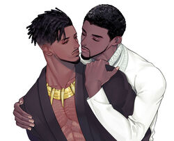  2boys african_clothes beard black_hair black_jacket black_panther_(film) curly_hair dark-skinned_male dark_skin dreadlocks facial_hair hug jacket jewelry killmonger male_focus marvel marvel_cinematic_universe matsu_(bandan) multiple_boys neck_ring necklace open_clothes open_jacket t&#039;challa tooth_necklace undercut yaoi 