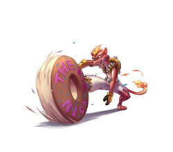  2017 anthro barefoot bei_ju_luoxuan_wan biped blizzard_entertainment brown_body brown_fur clothed clothing cosplay crossover crossover_cosplay dessert disney doughnut duke_weaselton feet fire food fur junkrat_(overwatch) male mammal mustelid musteline open_mouth overwatch pastry simple_background solo teeth true_musteline weasel white_background zootopia 