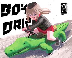  alligator artist_logo artist_name black_footwear black_hat black_jacket black_socks blue_eyes boots commentary crocodilian dress_shirt drifting english_commentary english_text female frown garrison_cap girls_und_panzer glaring grey_hair hat highres insignia itsumi_erika jacket kiddie_ride kuromorimine_military_uniform leaning_forward long_sleeves medium_hair military military_hat military_uniform miniskirt motion_blur one-hour_drawing_challenge open_mouth pleated_skirt red_shirt red_skirt riding romaji_commentary shirt sitting skirt socks solo uniform voc 