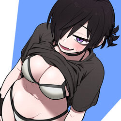  absurdres bags_under_eyes bikini bikini_under_clothes black_hair blue_background borrowed_character breasts choker cleavage clothes_lift cowboy_shot dutch_angle eyelashes female hair_between_eyes hair_over_one_eye highres kanke_(kank06020602) large_breasts naganuma-san navel oerba_yun_fang original purple_eyes shirt_lift short_hair skin_fang solo sweatdrop swimsuit white_background 