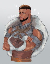  1boy african_clothes animification beard black_hair black_panther_(film) cape crossed_arms dark-skinned_male dark_skin facial_hair fur-trimmed_cape fur_trim m&#039;baku male_focus marvel marvel_cinematic_universe matsu_(bandan) short_hair solo toned toned_male vambraces 