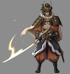  1boy abs armor belt brown_hair cape cathianemelian fangs fur_cape glowing glowing_eyes grey_skin horns japanese_armor katana oni pointy_ears puffy_pants puffy_sleeves ronin sandals socks sword underbite weapon 