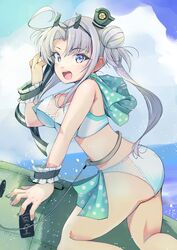  absurdres ahoge akitsushima_(kancolle) akitsushima_(swimsuit_mode)_(kancolle) bikini blue_sky breasts cloud commentary_request day female hair_ornament hair_ribbon hat highres horizon kantai_collection large_breasts long_hair mini_hat nishikitaitei-chan ocean official_alternate_costume open_mouth outdoors purple_eyes purple_hair ribbon side_ponytail sidelocks sky smile solo swimsuit teeth upper_teeth_only white_bikini yashin_(yasinz) 