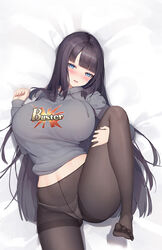  alternate_breast_size alternate_hairstyle ass_visible_through_thighs black_pantyhose blue_eyes blush breasts buster_shirt cha_hou commentary_request crotch_seam dakimakura_(medium) fate/grand_order fate_(series) female grey_sweater highres katsushika_hokusai_(fate) knee_up large_breasts long_hair looking_at_viewer lying navel on_back open_mouth panties panties_under_pantyhose pantyhose purple_hair smile solo sweater thighband_pantyhose thighs underwear white_panties 