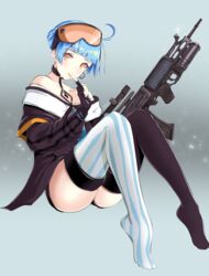  ahoge bangs bare_shoulders black_choker black_legwear blue_hair blue_legwear blunt_bangs blush chaesu choker female finger_to_mouth fingerless_gloves floating full_body girls_frontline gloves goggles goggles_on_head grenade_launcher gun highres holding holding_gun holding_weapon jewelry mismatched_legwear off-shoulder_jacket orange_eyes orange_goggles short_hair single_earring solo striped striped_legwear thighhighs underbarrel_grenade_launcher vertical-striped_legwear vertical_stripes very_short_hair weapon zas_m21_(girls_frontline) zastava_m21 