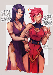  2girls arcane arcane_caitlyn arcane_vi artist_name blue_eyes blue_hair blush caitlyn_kiramman cute dress english_commentary female female_only grey_eyes horny_female iahfy large_breasts league_of_legends lesbian light-skinned_female muscular_female nosebleed pink_hair simple_background sweat tattoo vi wholesome yuri 