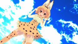  3d :d animal_ears animal_tail blonde_hair blush breasts catgirl clouds day female highres kemono_friends large_breasts looking_at_viewer open_mouth orange_eyes outside posing serval_(kemono_friends) serval_ears serval_tail short_hair sky sleeveless solo standing thighhighs 