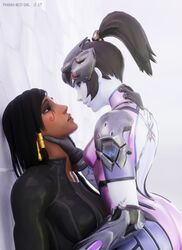    2girls 3d amelie_lacroix asphyxiation black_eyes black_hair blender blizzard_entertainment blush bodysuit choking clothing dark-skinned_female dark_skin dominant domination female high_resolution kissing lesbian_kiss multiple_girls muscle muscular_female neck_grab overwatch overwatch_2 pharah pharah-best-girl ponytail self_upload spit submission submissive tied_hair widowmaker yuri 