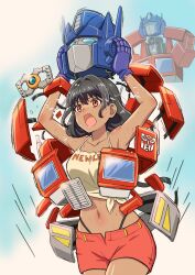  absurdres autobot black_hair blush breasts collarbone cosplay dark-skinned_female dark_skin decepticon female hair_intakes highres komagoma kotobukiya_bishoujo matrix_of_leadership mecha midriff oerba_yun_fang open_mouth optimus_prime optimus_prime_(cosplay) projected_inset red_eyes red_shorts removing_helmet robot short_hair shorts small_breasts solo starscream starscream_(kotobukiya_bishoujo) sweat transformers transformers:_generation_1 