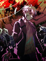  1boy atou_haruki black_jacket black_pants blood blood_on_face blood_on_hands brown_sweater closed_mouth cowboy_shot feathers fengtian_(artist) highres jacket long_sleeves male_focus open_clothes open_jacket pants pink_hair red_eyes ribbed_sweater rubble saibou_shinkyoku short_hair solo spoilers sweater turtleneck turtleneck_sweater 