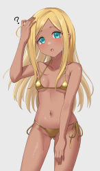  ? absurdres aqua_eyes arm_up bare_shoulders bikini blonde_hair blurry blush breasts collarbone cowboy_shot dark-skinned_female dark_skin depth_of_field dot_nose female gold_bikini grey_background halterneck hand_on_own_head hand_on_own_thigh highres idolmaster idolmaster_cinderella_girls idolmaster_cinderella_girls_starlight_stage kamoromance614 layla_(idolmaster) long_hair looking_at_viewer micro_bikini navel open_mouth side-tie_bikini_bottom simple_background small_breasts solo standing sweat swimsuit 