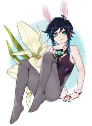  1boy animal_ears aqua_gemstone aqua_nails arm_support black_hair blue_hair bow bowtie braid commentary danny-chama english_commentary flower genshin_impact gradient_hair green_eyes highres leaning_back looking_at_viewer male_focus male_playboy_bunny multicolored_hair on_floor otoko_no_ko pantyhose rabbit_ears rabbit_tail short_hair_with_long_locks sitting smile solo tail twin_braids venti_(genshin_impact) wrist_cuffs 