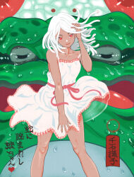  absurdres adjusting_hair animal bare_shoulders between_legs breasts character_name collarbone commentary dress dress_ribbon dress_tug feet_out_of_frame female floating_hair frog green_eyes hand_between_legs hand_up heart highres koimonogatari kuchinawa light_smile monogatari_(series) ouroboros oversized_animal pink_dress pink_lips pink_ribbon red_eyes ribbon sengoku_nadeko shyiek_art sleeveless sleeveless_dress small_breasts smile snake snake_hair solo spaghetti_strap sparkling_eyes spread_legs standing sundress tan translated two-tone_dress water_drop wet white_dress white_hair white_snake wind wind_lift 