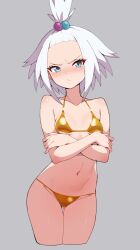  animal_ears bikini blue_eyes breasts closed_mouth crossed_arms female freckles gold_bikini grey_background hair_bobbles hair_ornament highres kamidan looking_at_viewer navel pokemon pokemon_bw2 roxie_(pokemon) short_hair simple_background small_breasts solo swimsuit white_hair 