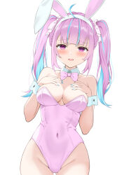  absurdres ahoge ass_visible_through_thighs bare_shoulders blue_hair blue_nails blue_wrist_cuffs blush bow bowtie braid breasts collar collarbone colored_inner_hair commentary_request covered_navel deep_skin detached_collar female fingernails hair_ribbon hairband hands_on_own_chest highres hololive large_breasts leotard light_blue_hair long_hair looking_at_viewer minato_aqua multicolored_hair nail_polish open_mouth pink_bow pink_bowtie pink_eyes pink_hair pink_leotard pink_ribbon playboy_bunny ribbon seriponpoyon simple_background smile solo strapless strapless_leotard streaked_hair thighs twintails two-tone_hair virtual_youtuber white_background white_collar white_hairband wrist_cuffs 