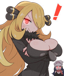  ! 2girls alpha_pokemon arms_under_breasts beanie black_coat blonde_hair blue_hair breasts cleavage coat crossed_arms cynthia_(pokemon) dark_blue_hair dawn_(pokemon) fur_collar glowing glowing_eyes hair_ornament hair_over_one_eye hat highres kurachi_mizuki large_breasts long_hair looking_at_viewer multiple_girls pokemon pokemon_dppt pokemon_legends:_arceus red_scarf scarf simple_background solo_focus wavy_hair white_background white_beanie 