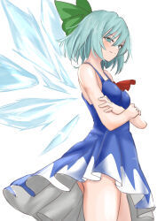  absurdres blue_bow blue_dress blue_eyes blue_hair bow cirno detached_wings dress embodiment_of_scarlet_devil female hairbow highres ice ice_wings kuraki short_hair simple_background solo touhou white_background wings 