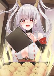  absurdres azur_lane bare_shoulders blush breasts cleavage commentary_request detached_sleeves dragon_girl dragon_horns excited female hair_between_eyes hair_on_horn happy highres horns indoors japanese_clothes kimono large_breasts long_hair manjuu_(azur_lane) red_eyes shimanto_(azur_lane) solo upper_body very_long_hair white_hair yanazawa_ko 