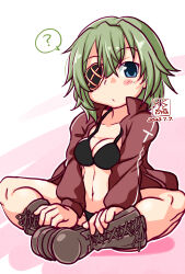  ? artist_logo bikini bikini_under_clothes black_bikini black_footwear boots breasts brown_jacket cross-laced_footwear dated eyepatch female green_eyes green_hair highres indian_style jacket kantai_collection kiso_(kancolle) kiso_kai_ni_(kancolle) kutone_shirika lace-up_boots medium_breasts open_clothes open_jacket short_hair sitting solo spoken_question_mark swimsuit 