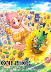  4boys 4girls bashikou bian_(one_piece) breasts cleavage cloud commentary_request copyright_name cotton_(one_piece) dress falling_petals field flower flower_field from_above hat highres leo_(one_piece) mini_person multiple_boys multiple_girls official_art one_piece one_piece_card_game petals pink_hair rebecca_(one_piece) sidelocks sky smile sunflower sunflower_field top_hat wicca yellow_dress yellow_petals 