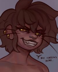  animal_humanoid black_sclera blue_background brown_body brown_hair brown_skin cat_humanoid diadorin dialogue ear_piercing ear_ring english_text fangs felid felid_humanoid feline feline_humanoid female grin gynomorph_(lore) hair half-closed_eyes hi_res humanoid humor long_whiskers mammal mammal_humanoid narrowed_eyes piercing ring_piercing simple_background smile solo speech_bubble teeth text trans_(lore) trans_woman_(lore) whiskers 