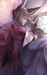  2girls absurdres amagi-chan_(azur_lane) amagi_(azur_lane) animal_ear_fluff animal_ears azur_lane breasts brown_hair brown_tail fox_ears fox_girl grey_eyes highres japanese_clothes kimono kitsune large_breasts large_ears lolicon looking_at_another multiple_girls on_bed open_clothes open_kimono pillow red_kimono samip sideways sleeping unmoving_pattern window 