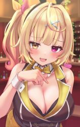  :3 :d animal_ears bare_shoulders black_bra black_vest blonde_hair blush bottle bow bowtie bra breasts bunny_garden cleavage collar cosplay fake_animal_ears female hair_ornament hair_ribbon heterochromia highres hoshikawa_sara indoors large_breasts leaning_forward long_hair looking_at_viewer multicolored_hair nijisanji nontraditional_playboy_bunny open_mouth purple_eyes rabbit_ears reityana ribbon rin_(bunny_garden) rin_(bunny_garden)_(cosplay) side_ponytail skirt smile solo streaked_hair underwear vest virtual_youtuber white_collar wing_collar wrist_cuffs x_hair_ornament yellow_bow yellow_bowtie yellow_collar yellow_eyes yellow_skirt 