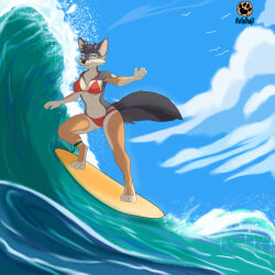  anthro bikini blue_water canid canine clothing cloud female fox harper_(nicnak044) hi_res mammal netiscraft red_bikini red_clothing red_swimwear sea solo surfboard surfer surfing swimwear two-piece_swimsuit water wave 