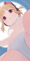  animal_ear_headphones animal_ears bikini blonde_hair blue_archive cat_ear_headphones commentary fake_animal_ears female flat_chest from_below halo headphones highres hiroki_(yyqw7151) momoi_(blue_archive) red_eyes red_halo short_hair solo swimsuit white_bikini 