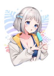  :o bikini blue_bikini blue_ribbon blush breasts cleavage collarbone commentary_request cropped_torso female food front-tie_bikini_top front-tie_top gakuen_idolmaster grey_hair hair_ribbon half_up_braid highres holding holding_food holding_ice_cream hood hooded_jacket ice_cream ice_cream_bar idolmaster jacket jacket_over_swimsuit katsuragi_lilja kimi_to_semi_blue_(idolmaster) leaf leaf_background melting ribbon ribbon_braid short_hair solo sweat swimsuit two-sided_fabric two-sided_jacket upper_body white_jacket yuanagae 