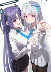  2girls asymmetrical_docking black_pantyhose black_skirt blue_archive blue_necktie blush breast_press breasts commentary_request fingernails foreshortening grey_hair grey_skirt gyaru_v halo hanamaru_tsubaki hand_on_another&#039;s_chest hand_on_another&#039;s_waist highres long_hair looking_at_viewer medium_breasts multiple_girls necktie noa_(blue_archive) pantyhose pleated_skirt purple_eyes purple_hair shirt shirt_tucked_in simple_background skirt smile straight_hair two_side_up v very_long_hair white_background white_shirt yuuka_(blue_archive) 