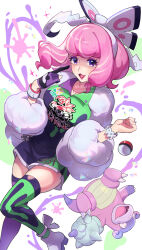  :d asymmetrical_legwear bow bracelet breasts collared_shirt commentary_request drill_hair dynamax_band eyelashes eyeshadow female flipped_hair fur_jacket galarian_slowbro gloves hairband hairbow hands_up highres index_finger_raised jacket janis_(hainegom) jewelry klara_(pokemon) looking_at_viewer makeup medium_breasts mismatched_legwear mole mole_under_mouth nail_polish open_clothes open_jacket open_mouth partially_fingerless_gloves pink_eyeshadow pink_hair pink_lips pink_nails poke_ball poke_ball_(basic) pokemon pokemon_(creature) pokemon_swsh print_shirt print_shorts print_thighhighs purple_eyes ring shaded_face shirt shoes short_hair shorts side_slit side_slit_shorts single_glove smile thighhighs twin_drills watermark white_bow white_hairband 