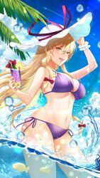  adapted_costume bikini blonde_hair blue_sky breasts closed_mouth commentary_request cup day female happy hat hat_ribbon highres holding holding_cup kirisita large_breasts long_hair looking_at_viewer navel ocean open_mouth outdoors palm_tree purple_bikini red_ribbon ribbon side-tie_bikini_bottom sideboob sky solo sun_hat swimsuit touhou tree very_long_hair wading white_hat white_wristband yakumo_yukari yellow_eyes 