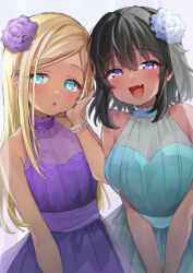  2girls aqua_eyes bare_shoulders blonde_hair blue_dress blue_flower blurry blush bracelet breasts cleavage collarbone dark-skinned_female dark_skin depth_of_field dot_nose dress flower green_hair hair_flower hair_ornament hand_on_own_cheek hand_on_own_face hand_up highres idolmaster idolmaster_cinderella_girls idolmaster_cinderella_girls_starlight_stage jewelry layla_(idolmaster) leaning_forward long_hair looking_at_viewer medium_breasts multiple_girls natalia_(idolmaster) oerba_yun_fang open_mouth parted_lips purple_dress purple_eyes purple_flower see-through see-through_dress short_hair simple_background sleeveless sleeveless_dress small_breasts smile trente v_arms white_background 