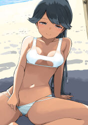  alternate_costume ass_visible_through_thighs bikini bikini_bottom_pull black_hair breasts commentary_request female grey_eyes hair_flaps highres houshou_(kancolle) kantai_collection long_hair sitting small_breasts solo swimsuit toplow white_bikini 