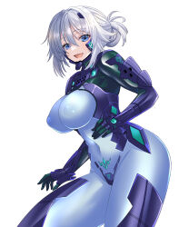  absurdres armored_bodysuit blue_eyes bodysuit character_request covered_navel female fortified_suit grey_hair highres impossible_bodysuit impossible_clothes kogarasu1st large_pectorals long_hair looking_at_viewer muv-luv muv-luv_alternative pectorals pilot_suit science_fiction simple_background skin_tight solo tactical_surface_fighter white_background 