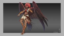  abs absurdres animal_feet armor artist_name belt blood blood_on_face blue_hair bracer colored_sclera commentary dark-skinned_female dark_skin english_commentary feathered_wings female full_body grey_background hair_between_eyes highres less long_hair looking_at_viewer midriff monster_girl multicolored_hair original pauldrons red_hair red_sclera shoulder_armor sidelocks simple_background single_pauldron solo tattoo wings wrist_wrap yellow_eyes 