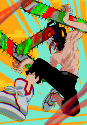  1boy abs billyonthestraw black_pants blood blood_on_weapon blood_splatter chainsaw chainsaw_man chromatic_aberration denji_(chainsaw_man) dynamic_pose glowing glowing_eyes highres male_focus muscular muscular_male open_mouth pants sharp_teeth shoelaces solo teeth tongue tongue_out topless_male torn_clothes torn_pants weapon white_footwear 