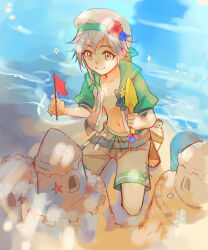  1boy anocurry beach braid braided_sidelock clanne_(fire_emblem) clanne_(summer)_(fire_emblem) closed_mouth commentary english_commentary fire_emblem fire_emblem_engage fire_emblem_heroes flag green_jacket grey_hair grey_shorts highres holding holding_flag holding_shovel jacket male_focus navel official_alternate_costume open_clothes open_jacket outdoors red_flag sand sand_castle sand_sculpture short_hair shorts shovel single_braid sitting smile solo sparkle water yellow_eyes 