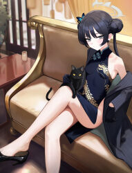  absurdres black_cat black_coat black_footwear black_gloves black_hair blue_archive breasts china_dress chinese_clothes closed_mouth coat commentary_request couch crossed_legs double_bun dragon_print dress feline female gloves grey_eyes hair_bun high_heels highres kisaki_(blue_archive) legs long_hair looking_at_viewer on_couch pelvic_curtain single_bare_shoulder single_off_shoulder sitting sleeveless sleeveless_dress slit_pupils small_breasts striped_coat suiryuu_(18559651) twintails vertical-striped_coat 