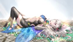  6nutqd2kwd0iqcl absurdres artist_name breasts butterfly_wings corrin_(female)_(fire_emblem) corrin_(fire_emblem) double-parted_bangs female fire_emblem fire_emblem_fates fire_emblem_heroes flower full_body grass hair_between_eyes hair_ornament highres insect_wings long_hair looking_at_viewer lying medium_breasts navel on_back on_grass red_eyes solo thighhighs white_hair wings 