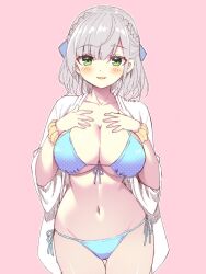  :d ass_visible_through_thighs bikini blue_bikini blush breasts collarbone commentary_request cowboy_shot female front-tie_bikini_top front-tie_top green_eyes grey_hair hands_on_own_chest highres hololive ishida_aya large_breasts looking_at_viewer medium_hair mixed-language_commentary navel open_clothes open_shirt pink_background polka_dot polka_dot_swimsuit shirogane_noel shirt side-tie_bikini_bottom simple_background smile solo swimsuit thigh_gap virtual_youtuber white_shirt wristband 