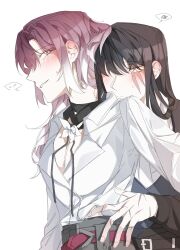  2girls ? absurdres bite_mark bite_mark_on_neck black_hair blush breasts cleavage collared_shirt commentary_request ear_blush gradient_hair grey_eyes grey_skirt hand_on_another&#039;s_waist highres illusion_moon korean_commentary long_sleeves multicolored_hair multiple_girls parted_lips path_to_nowhere purple_hair rahu_(path_to_nowhere) scar scar_across_eye scar_on_hand shalom_(path_to_nowhere) shirt simple_background skirt smile spoken_question_mark spoken_squiggle squiggle sweat upper_body white_background white_hair white_shirt yuri 